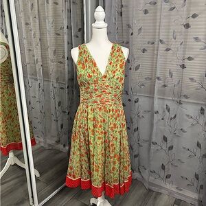 Kay Unger Green Floral Fit-and-Flare Dress with Red Accents